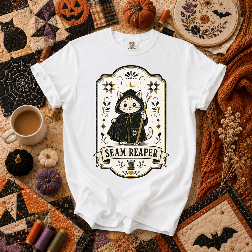 Seam Reaper Cat Halloween Quilter T-Shirt - White