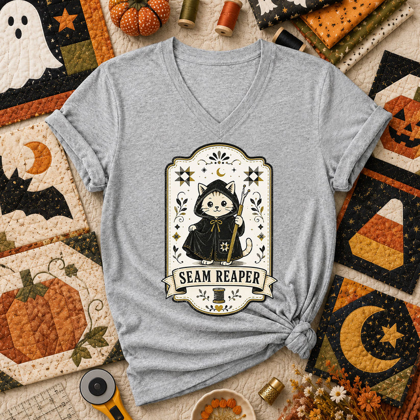Seam Reaper Cat Halloween Quilter Women's V-Neck - Athletic Heather