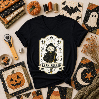Seam Reaper Cat Halloween Quilter Women's V-Neck - Black