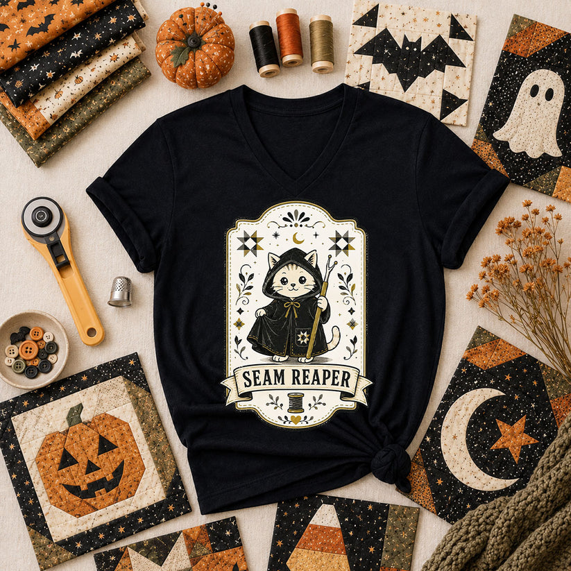 Seam Reaper Cat Halloween Quilter Women's V-Neck - Black
