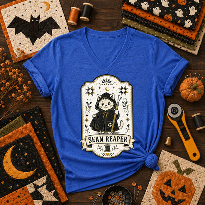 Seam Reaper Cat Halloween Quilter Women's V-Neck - Heather True Royal