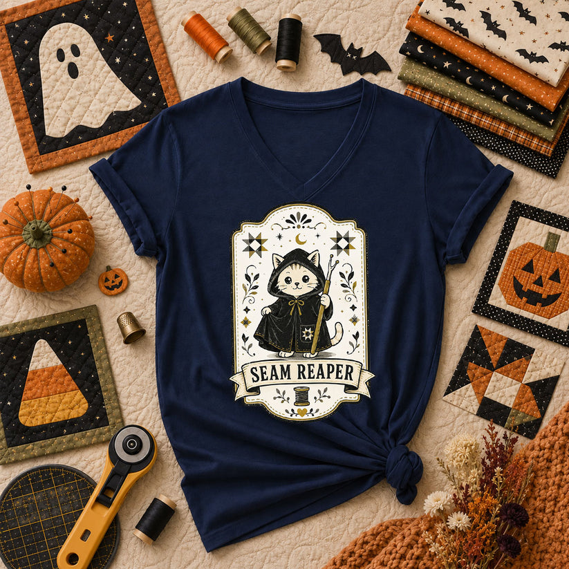 Seam Reaper Cat Halloween Quilter Women's V-Neck - Navy