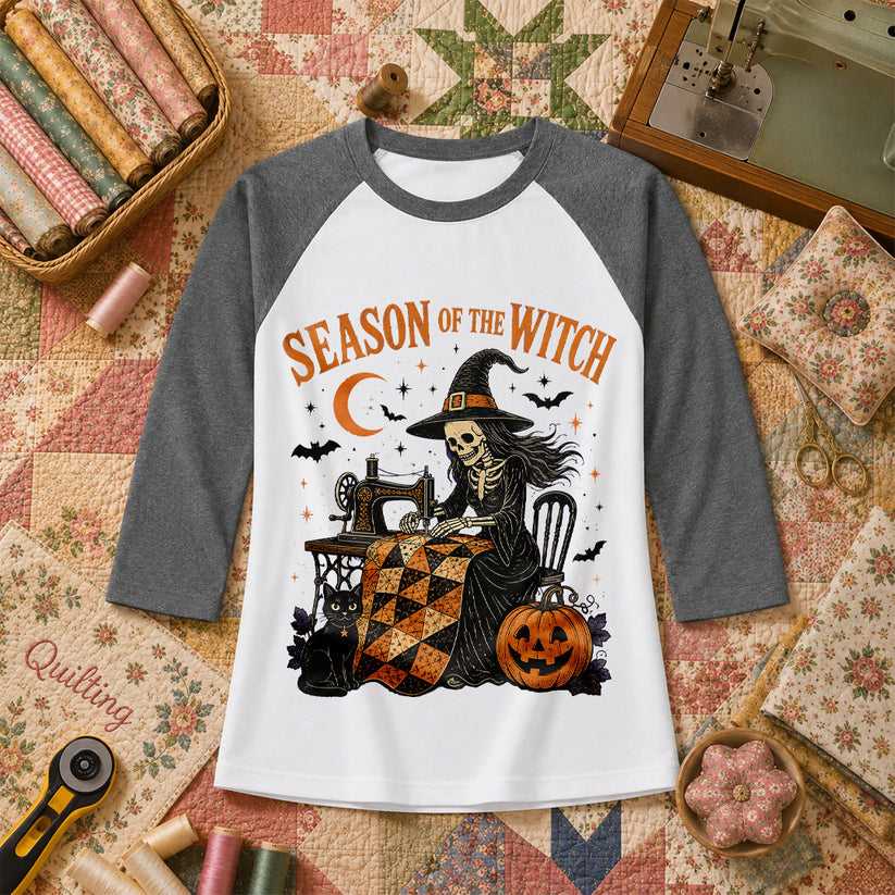 Season Of The Witch Halloween Quilter Raglan Sleeve - Deep Heather