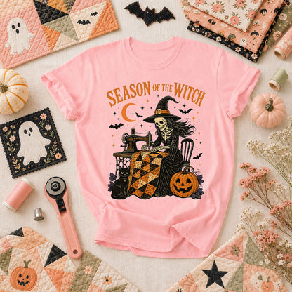 Season Of The Witch Halloween Quilter T-Shirt - Pink