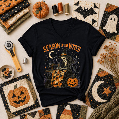 Season Of The Witch Halloween Quilter Women's V-Neck - Black