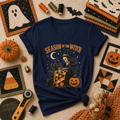 Season Of The Witch Halloween Quilter Women's V-Neck - Navy