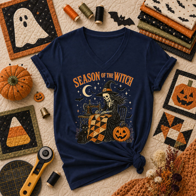 Season Of The Witch Halloween Quilter Women's V-Neck - Navy