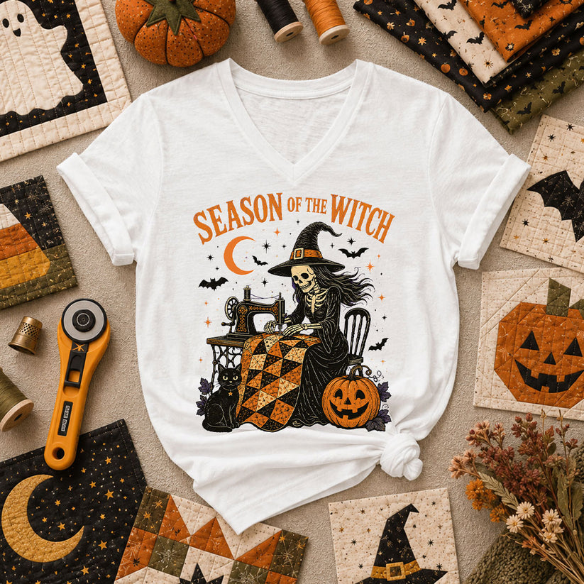 Season Of The Witch Halloween Quilter Women's V-Neck - White