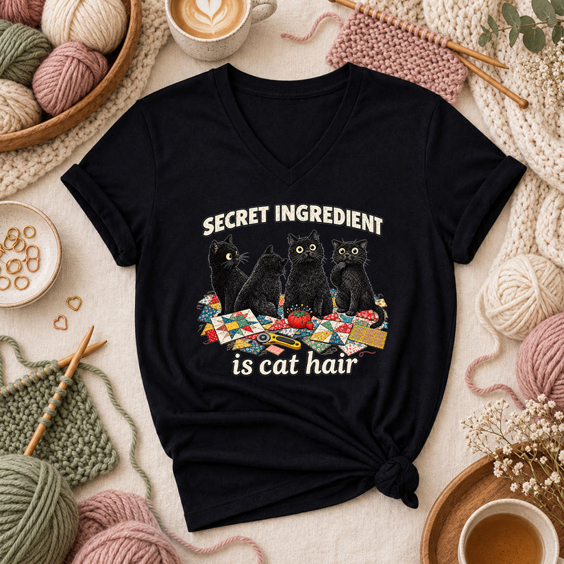 Secret Ingredient Is Cat Hair Black Cats Quilting Women's V-Neck - Black