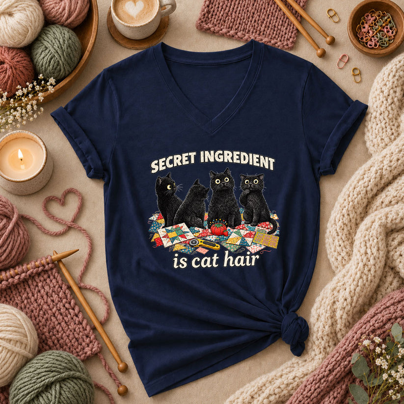 Secret Ingredient Is Cat Hair Black Cats Quilting Women's V-Neck - Navy