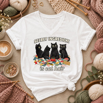 Secret Ingredient Is Cat Hair Black Cats Quilting Women's V-Neck - White