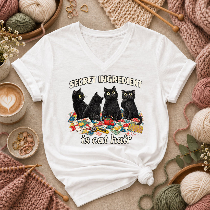 Secret Ingredient Is Cat Hair Black Cats Quilting Women's V-Neck - White