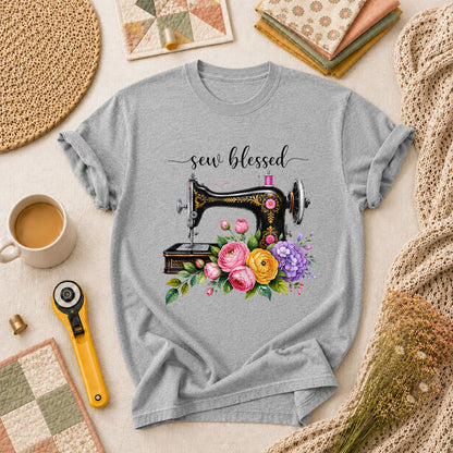 Sew Blessed Vintage Sewing Machine Floral T-Shirt - Athletic Heather