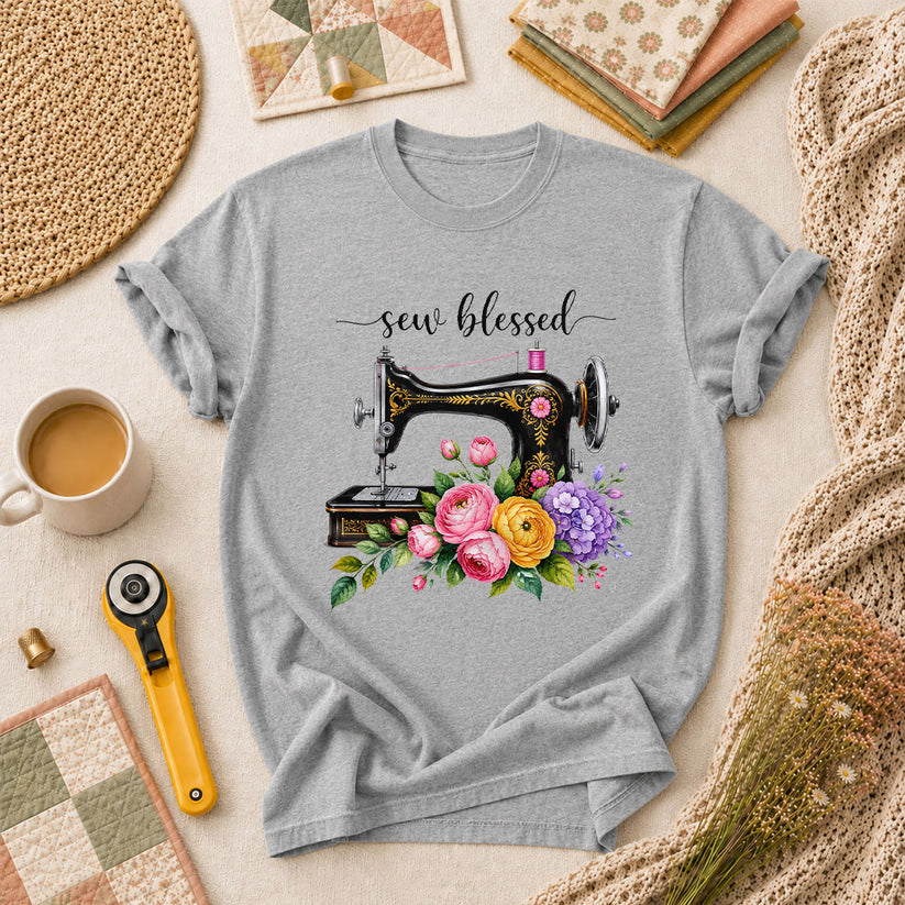 Sew Blessed Vintage Sewing Machine Floral T-Shirt - Athletic Heather