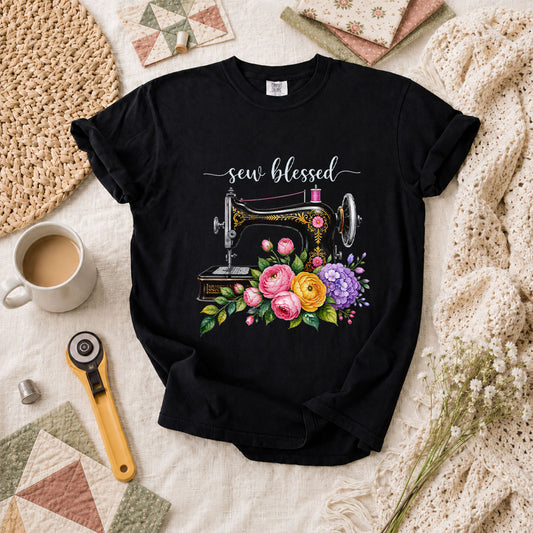 Sew Blessed Vintage Sewing Machine Floral T-Shirt - Black