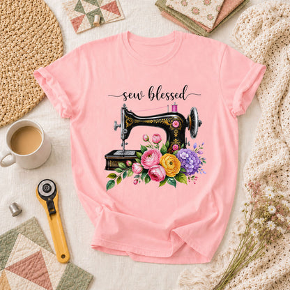 Sew Blessed Vintage Sewing Machine Floral T-Shirt - Pink