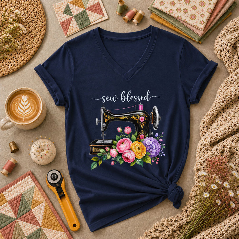 Sew Blessed Vintage Sewing Machine Floral Women's V-Neck - Navy