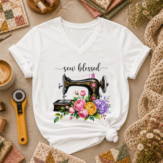 Sew Blessed Vintage Sewing Machine Floral Women's V-Neck - White