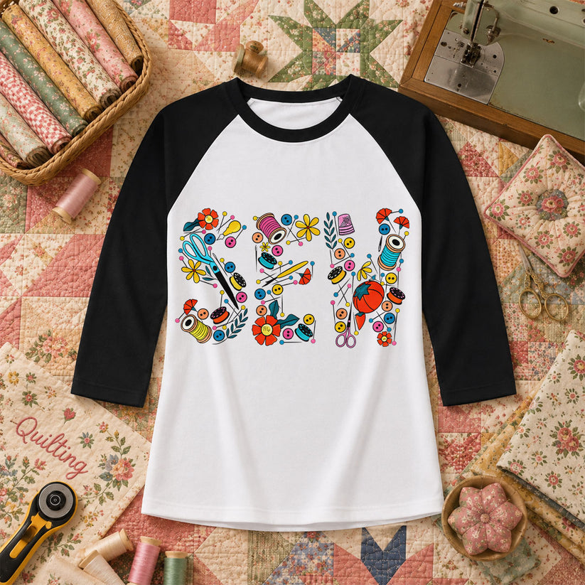 Sew Floral Typography Sewing Supplies Raglan Sleeve - Black