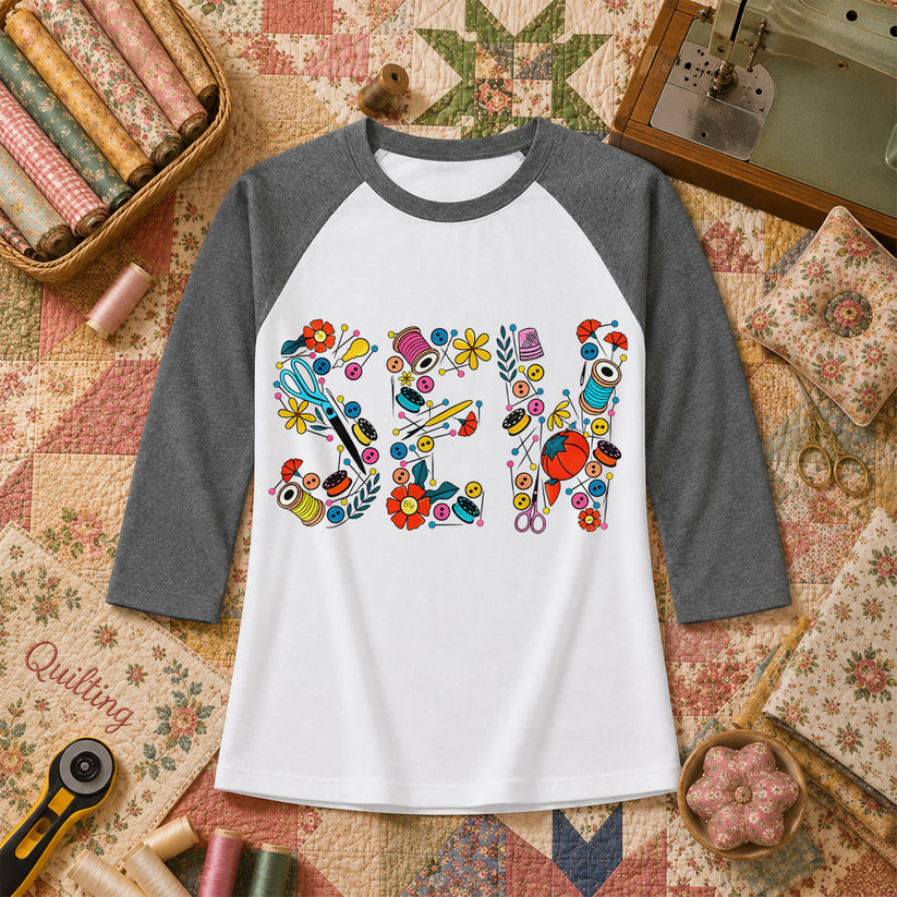 Sew Floral Typography Sewing Supplies Raglan Sleeve - Deep Heather