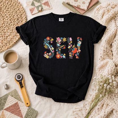 Sew Floral Typography Sewing Supplies T-Shirt - Black
