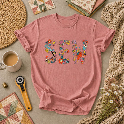 Sew Floral Typography Sewing Supplies T-Shirt - Heather Mauve