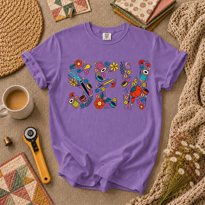 Sew Floral Typography Sewing Supplies T-Shirt - Heather Team Purple