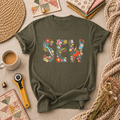 Sew Floral Typography Sewing Supplies T-Shirt - Military Green
