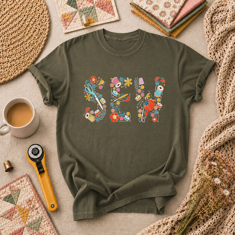 Sew Floral Typography Sewing Supplies T-Shirt - Military Green