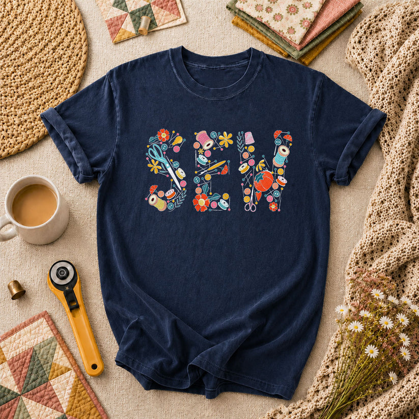 Sew Floral Typography Sewing Supplies T-Shirt - Navy