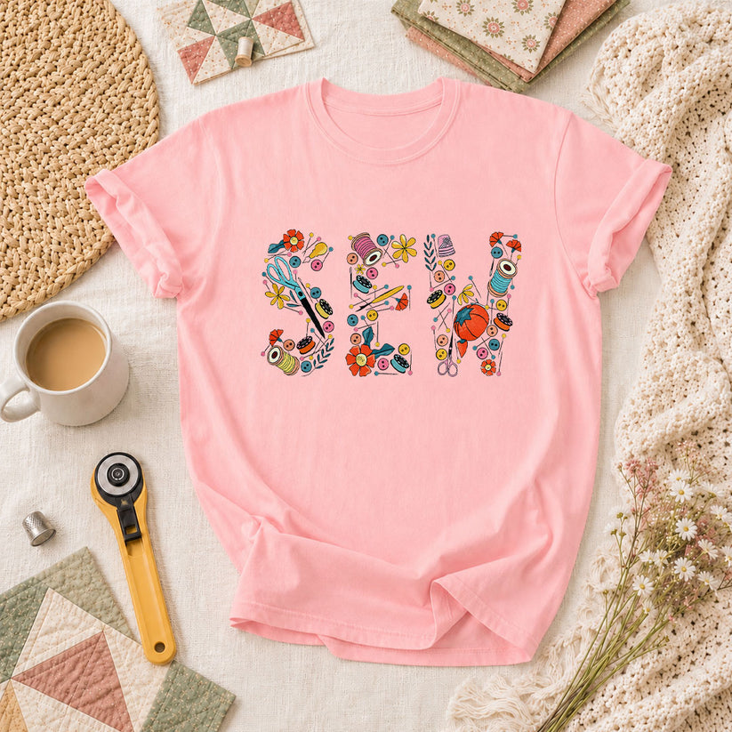 Sew Floral Typography Sewing Supplies T-Shirt - Pink