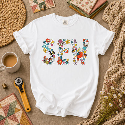 Sew Floral Typography Sewing Supplies T-Shirt - White