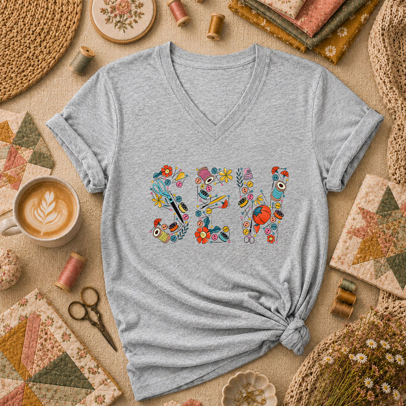 Sew Floral Typography Sewing Supplies Women's V-Neck - Athletic Heather