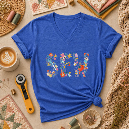Sew Floral Typography Sewing Supplies Women's V-Neck - Heather True Royal