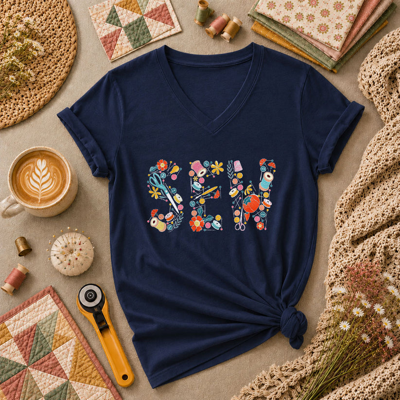 Sew Floral Typography Sewing Supplies Women's V-Neck - Navy