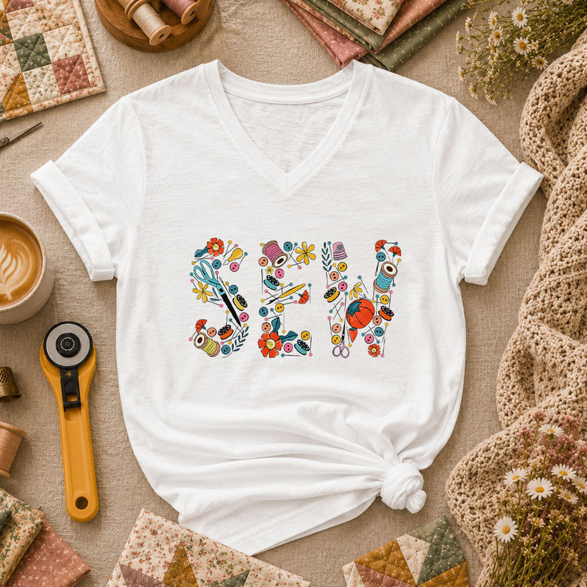 Sew Floral Typography Sewing Supplies Women's V-Neck - White