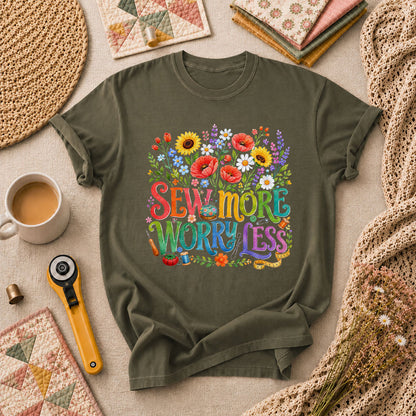 Sew More Worry Less Wildflower Bouquet T-Shirt - Military Green