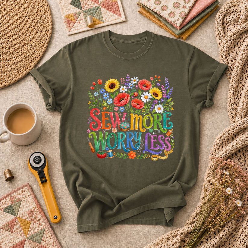 Sew More Worry Less Wildflower Bouquet T-Shirt - Military Green
