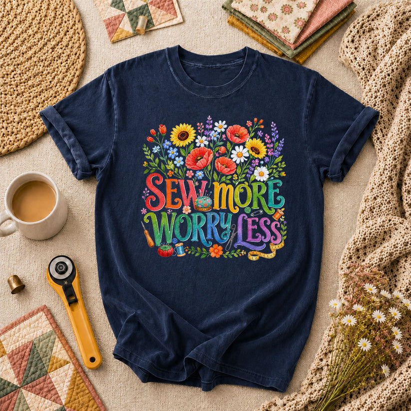 Sew More Worry Less Wildflower Bouquet T-Shirt - Navy