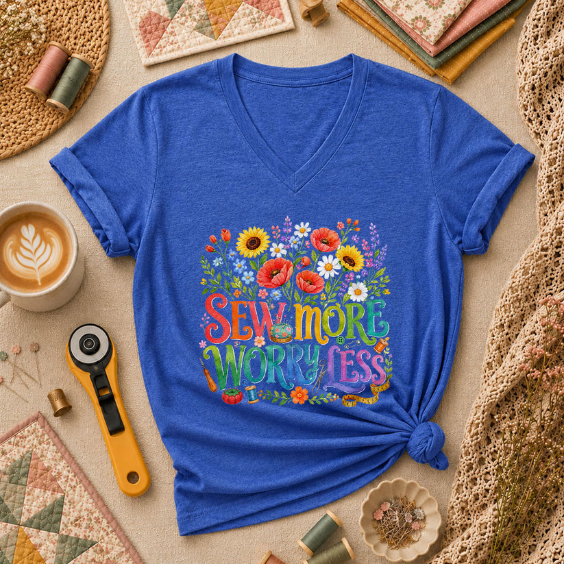 Sew More Worry Less Wildflower Bouquet Women's V-Neck - Heather True Royal