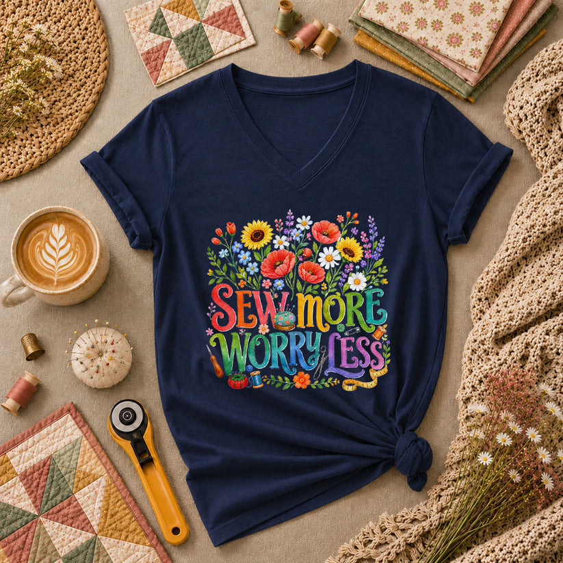 Sew More Worry Less Wildflower Bouquet Women's V-Neck - Navy