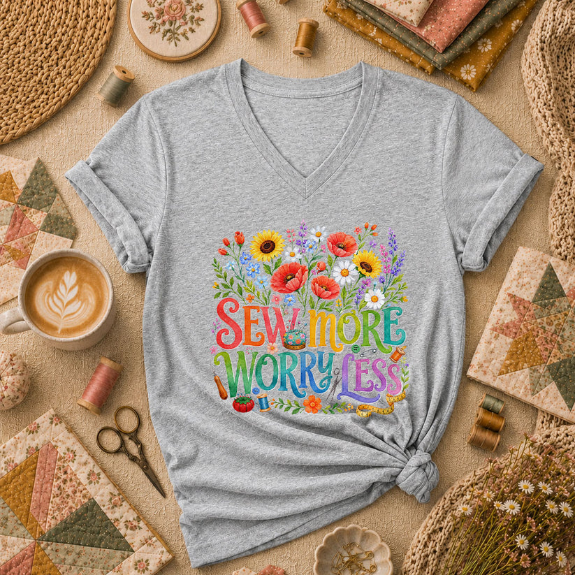 Sew More Worry Less Wildflower Bouquet Women's V-Neck - Sport Grey