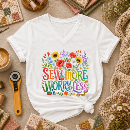 Sew More Worry Less Wildflower Bouquet Women's V-Neck - White