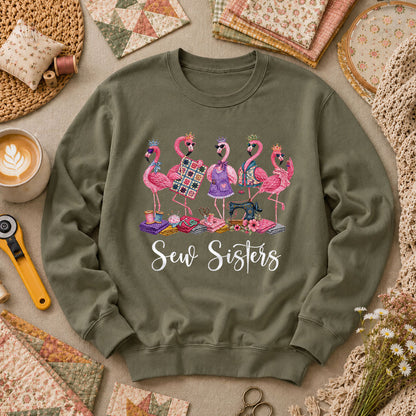 Sew Sisters Flamingos Quilting Long Sleeve - Military Green