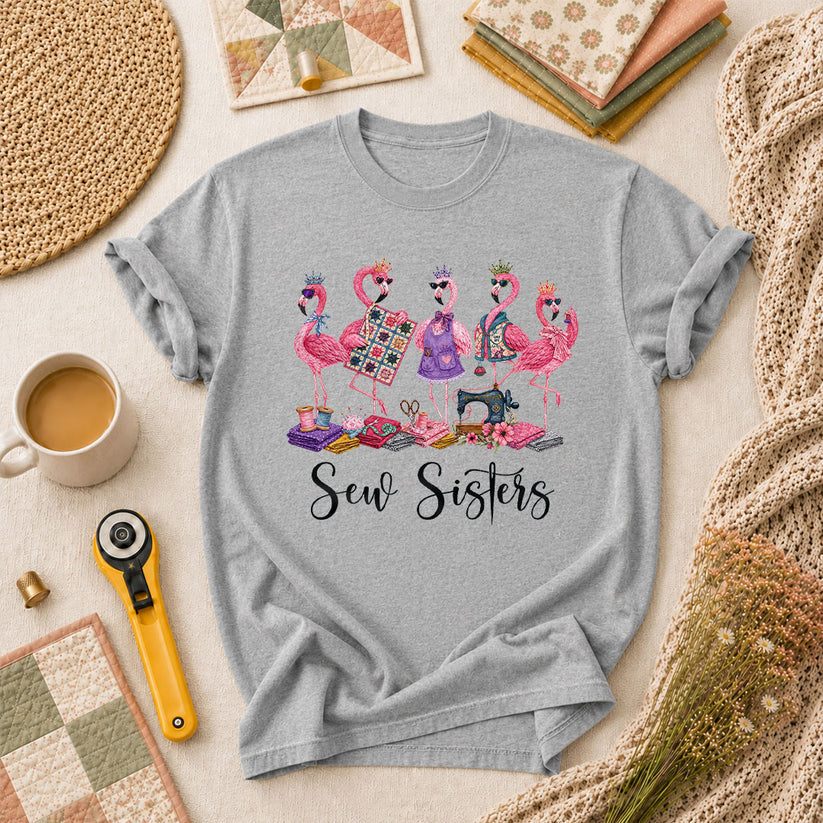 Sew Sisters Flamingos Quilting T-Shirt - Athletic Heather