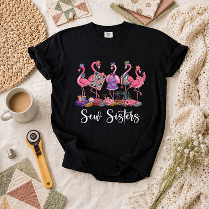 Sew Sisters Flamingos Quilting T-Shirt - Black