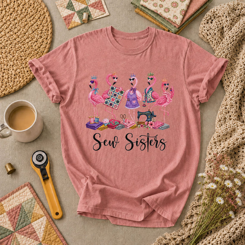 Sew Sisters Flamingos Quilting T-Shirt - Heather Mauve