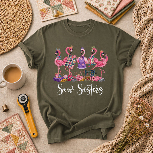 Sew Sisters Flamingos Quilting T-Shirt - Military Green