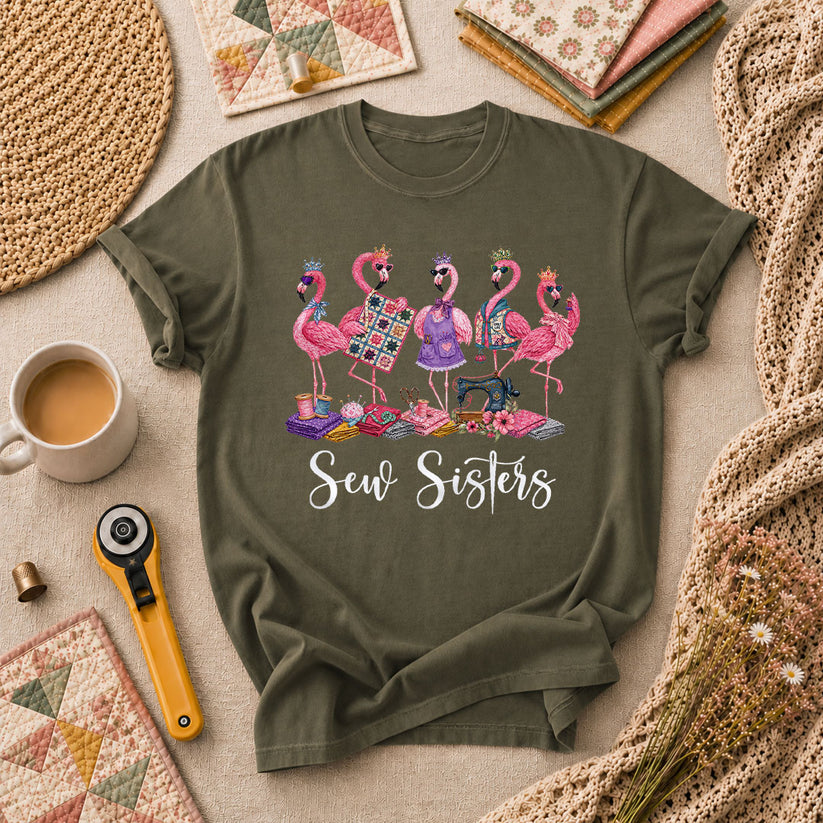 Sew Sisters Flamingos Quilting T-Shirt - Military Green