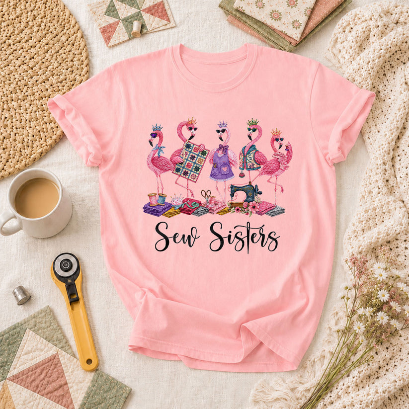 Sew Sisters Flamingos Quilting T-Shirt - Pink